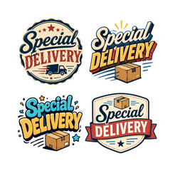 Obraz premium Special Delivery. Set lettering. 4 harmonious lettering variations of the same emblematic concept, each with different artistic interpretation (Retro vintage badge style, 3D extruded bold lettering,