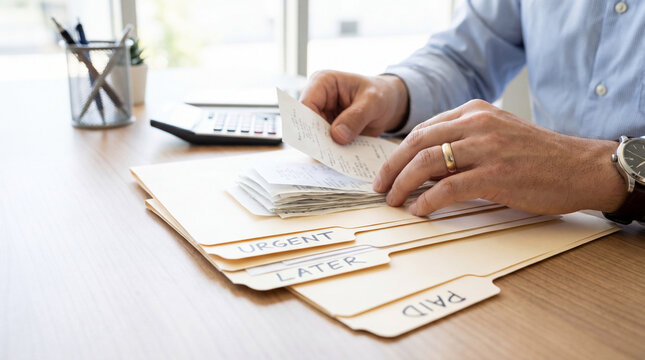 Close up of hands sorting receipts on wooden desk with labeled folders for urgent, later, and paid bills, showing organized financial management and paperwork