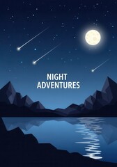 Fototapeta premium Night Adventures Vector Illustration with Low Poly Mountains, Full Moon, and Shooting Stars over a Calm Lake