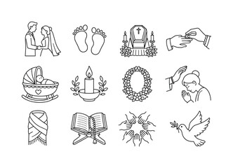 Obraz premium Marriage, birth, and mourning rituals across cultures. Line outline icon set of Marriage, birth, and mourning rituals across cultures: bride and groom silhouette, baby footprints, coffin ceremony,