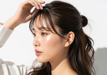 Naklejka premium Beautiful Young Asian Woman with Glowing Skin and Stylish Hairstyle Touching Her Hair Against White Background