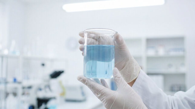 Scientist hands holding clear glass beaker with blue liquid in laboratory setting, wearing white gloves for safety and precision in research environment