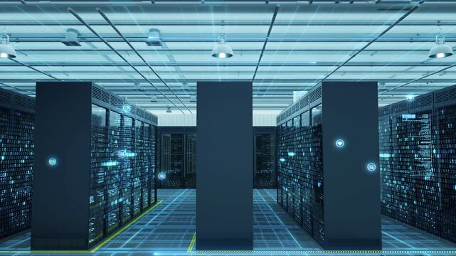 Technology big data storage room, a modern data center corridor lined with illuminated server racks, overlaid with digital icons and a grid-patterned floor, in a high-tech networked environment.