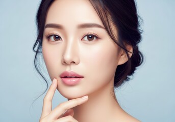 Fototapeta premium Beautiful Young Asian Woman with Flawless Skin and Natural Makeup Portrait for Skincare and Beauty Concept