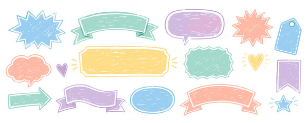 Obraz premium Collection of colorful hand-drawn speech bubbles, banners, and shapes with chalk texture