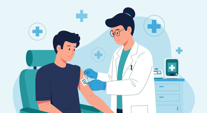 Doctor administering vaccine to young man in clinic, healthcare concept