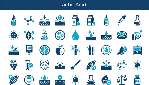 Lactic acid vector icons set. AHA alpha hydroxy acid, milk exfoliation, and skin hydration concept elements.