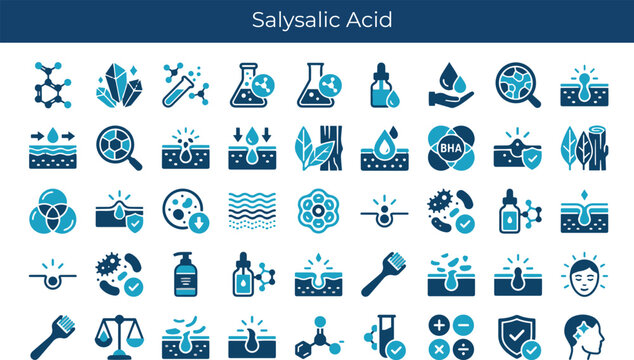 Salicylic acid vector icons set. BHA beta hydroxy acid, deep pore cleansing, and acne skin care treatment elements.