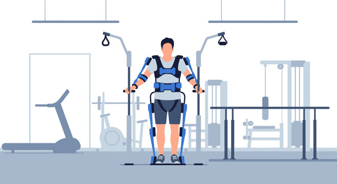 Man in exoskeleton in gym, rehabilitation, fitness, technology, medical science