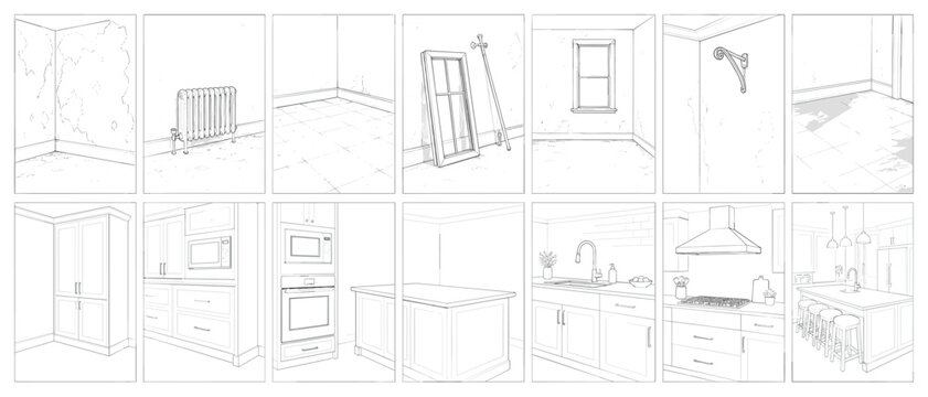 Interior design sketches showing kitchen renovation and construction elements