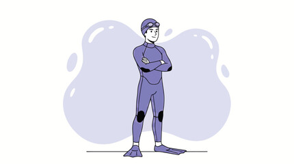 Confident Man Diver in Wetsuit and Flippers Illustration © Rina