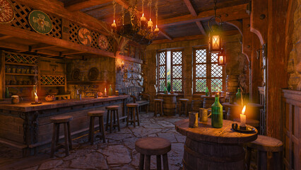 Medieval tavern bar with food and drink on the tables and burning candles. 3D rendering. © IG Digital Arts