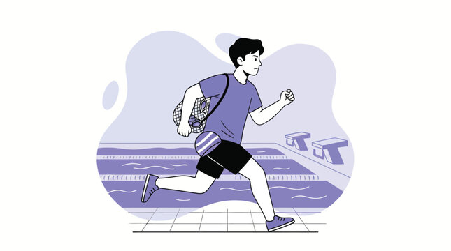 Man jogging to swimming pool with swim bag and goggles. Illustration.