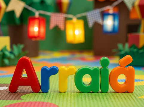 Arraia lettering with colorful lanterns decoration