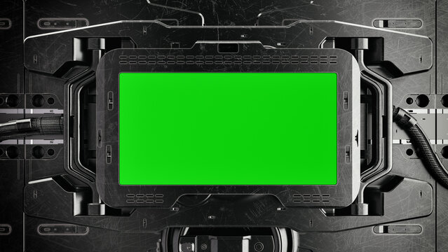Dark Industrial Sci-Fi Monitor with Green Screen Mockup