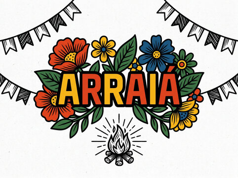 Arraia party invitation with flowers and bonfire