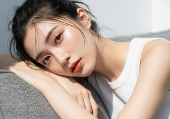 Obraz premium Beautiful Young Asian Woman with Glowing Skin and Natural Makeup Relaxing on a Sofa in Bright Sunlight