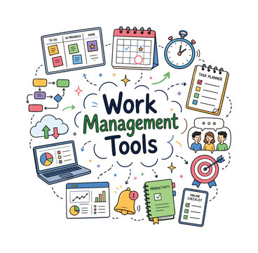 Work Management Tools. Hand drawn illustration of Work Management Tools. project board, digital calendar, stopwatch icon, task planner, workflow arrows, cloud sync, office laptop, analytics dashboard,