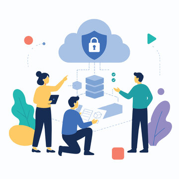 Cloud security concept with lock and people collaborating.