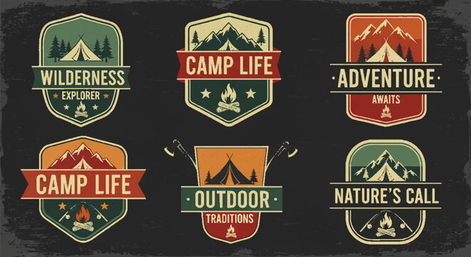 Retro Camping Badges Collection: Adventure, Wilderness, Nature's Call, Outdoor Traditions