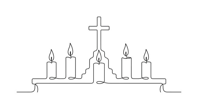 "Church Candle Light". Minimalistic one-line drawing simple altar candles burning with gentle flames in a calm arrangement, continuous single black line on white background, simple outline style, no