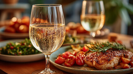 Naklejka premium Close-up of a sparkling white wine in a champagne flute with a meal in the background