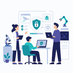 Obraz premium Cybersecurity shield concept with people and secure devices.
