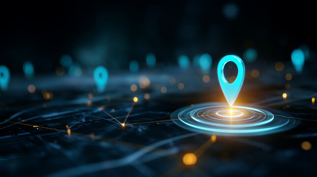 Glowing GPS location pin on digital map with connected route points, logistics tracking, smart city navigation, delivery network and geolocation technology concept. Keywords GPS lo