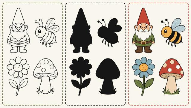 Cute cartoon gnome and bee with flower and mushroom illustrations for children's activities