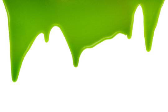 Green viscous liquid gel dripping down against white background