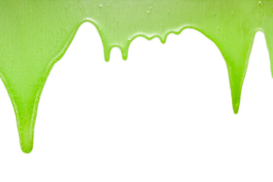 Green liquid transparent gel dripping down against white background.