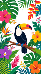 Fototapeta premium Vibrant toucan perched amidst lush tropical foliage and exotic flowers