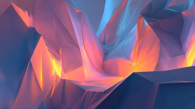 Abstract crystalline structure glows with intense warm and cool light sources