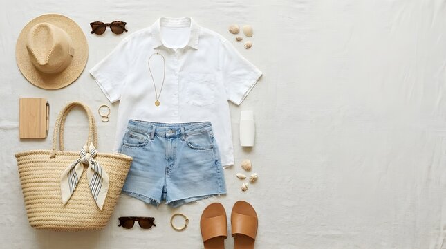 Minimal summer fashion flat lay with white shirt, denim shorts and straw accessories on neutral background
