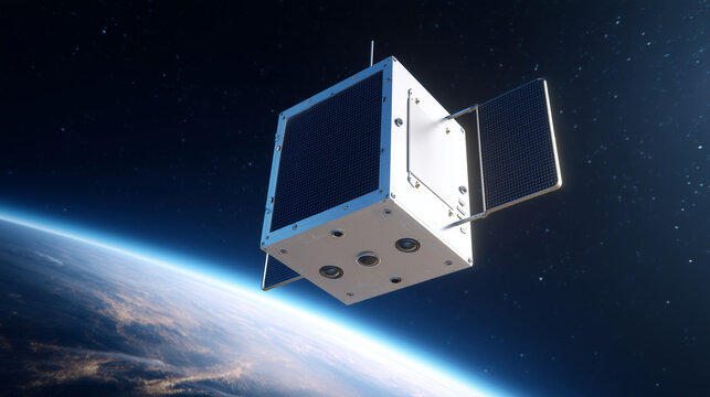 Small CubeSat satellite orbiting above Earth with solar panels, glowing blue atmosphere, curved planet horizon and deep space background, realistic aerospace technology concept A h