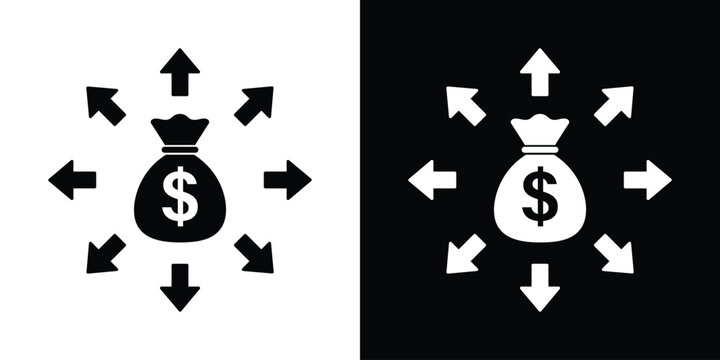 Dollar money bag with arrows pointing outward vector icon. Financial distribution, diversified investment, and spending concept. Black and white.