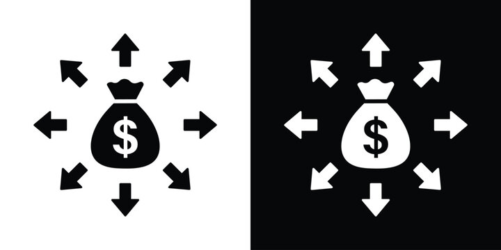 Dollar money bag with arrows pointing outward vector icon. Financial distribution, diversified investment, and spending concept. Black and white.