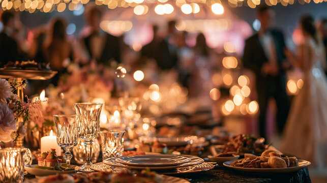 Elegant banquet table setting with crystal glasses and warm candlelight in focus, with blurred guests dancing and mingling at a graduation ball or prom party in the background