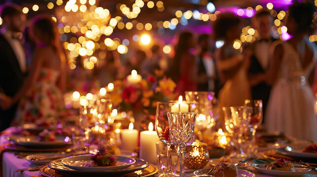 Elegant banquet table setting with crystal glasses and glowing candles in focus, with blurred teenagers dancing at a high school prom or graduation ball in the background