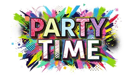 Fototapeta premium Party time text design with paint splatters and colorful comic book style patterns on white background, celebration
