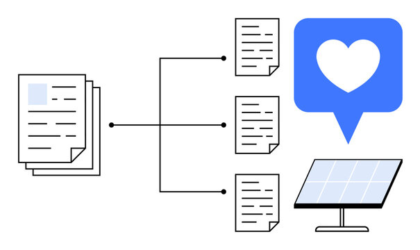 Digital workflows, data sharing, renewable energy, document management, sustainability, communication. Connected documents with a heart icon and solar panel. Data sharing and renewable energy concept