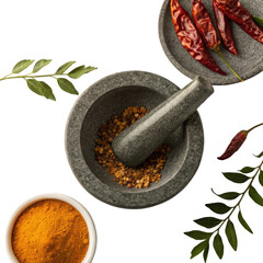 Stone mortar with Indian spices isolated © Anna