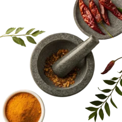 Stone mortar with Indian spices isolated © Anna