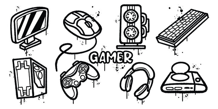 Set of graffiti spray Gamer Setup PC, Controller, and Accessories vector illustration