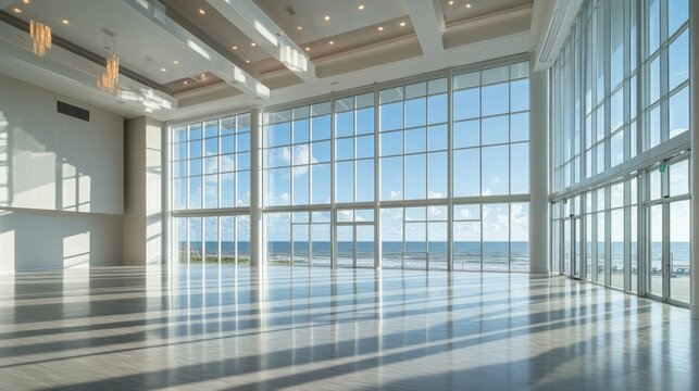 Empty ballroom with large windows overlooking ocean view creatin