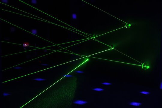Green laser beams in a dark room
