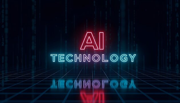 Ai technology neon text in futuristic digital grid environment with artificial intelligence technology futuristic