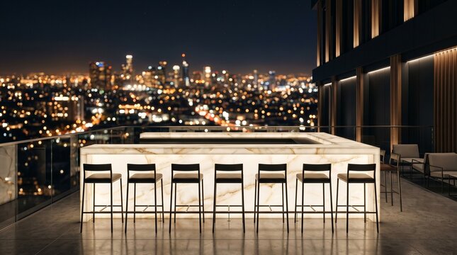 Luxury hotel rooftop bar counter empty at night with blurred city lights