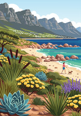 Vector illustration of a scenic coastal landscape with a sandy beach, ocean waves, rugged mountains, and lush vegetation, perfect for travel and nature themes © Purnomo
