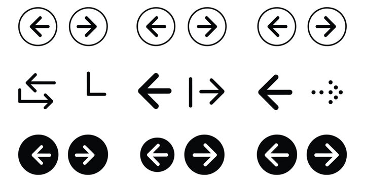 Arrow Buttons Icon Set, website slider navigation symbols with next and previous rounded buttons, modern web interface vector illustration isolated on transparent background.